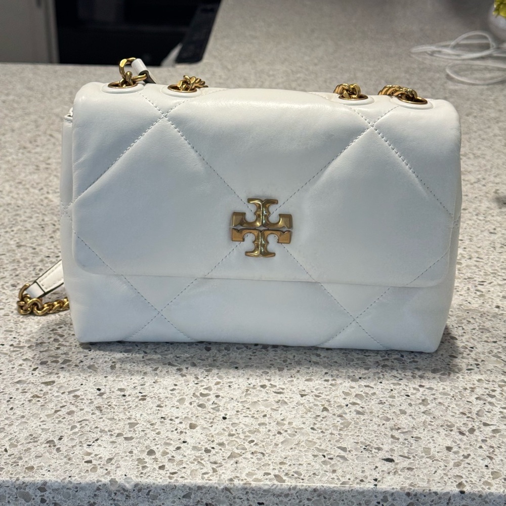 Tory Burch Quilted White Shoulder Bag with Gold Accents